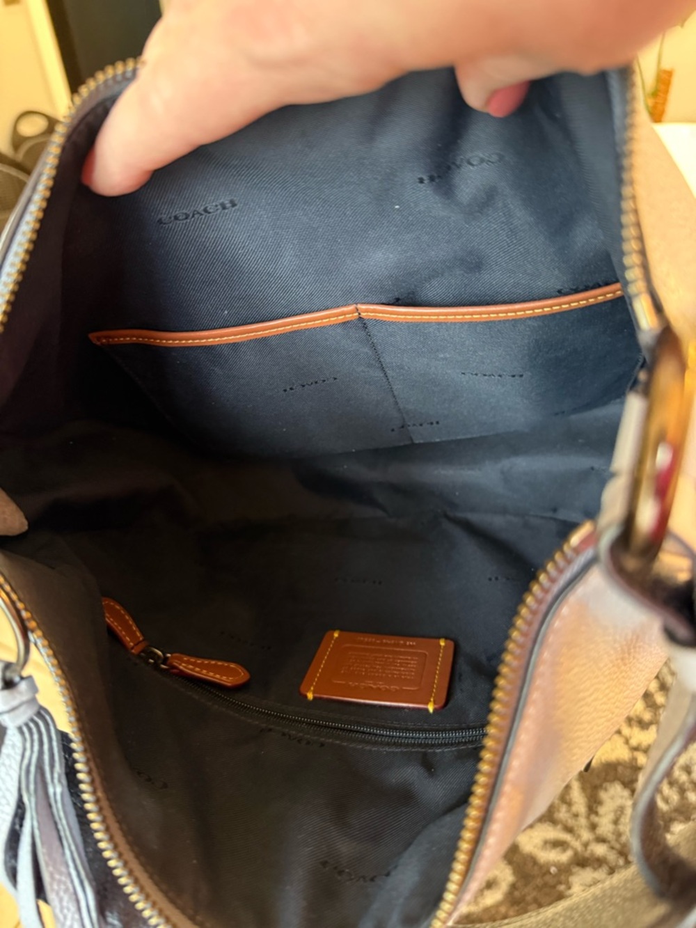 Coach Light Blue-Gray Pebble Leather Shoulder Hobo with Floral Stud Accents. - Picture 7 of 9